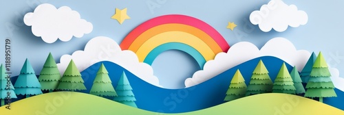 Paper Art Rainbow Landscape Over Hills - Whimsical paper art landscape featuring a vibrant rainbow arching over rolling green hills, dotted with evergreen trees and fluffy clouds, symbolizing joy, nat photo