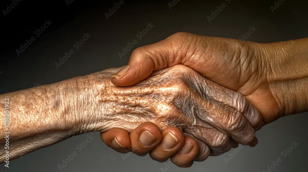 Fototapeta premium Closeup shot of two hands clasped together, showcasing the texture and age of the skin. A powerful image representing connection, support, and the passage of time.