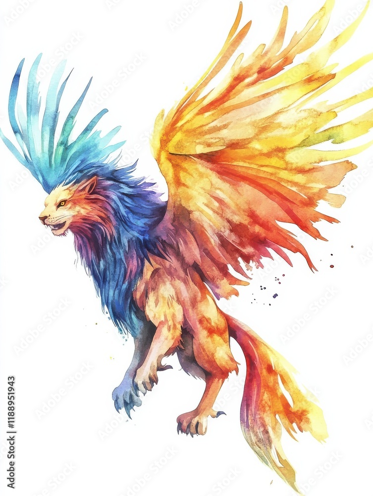 Fototapeta premium A vibrant watercolor illustration of a mythical creature, featuring the body of a lion and the wings and head of an eagle, showcasing a spectrum of warm colors, isolated on white background illustrat