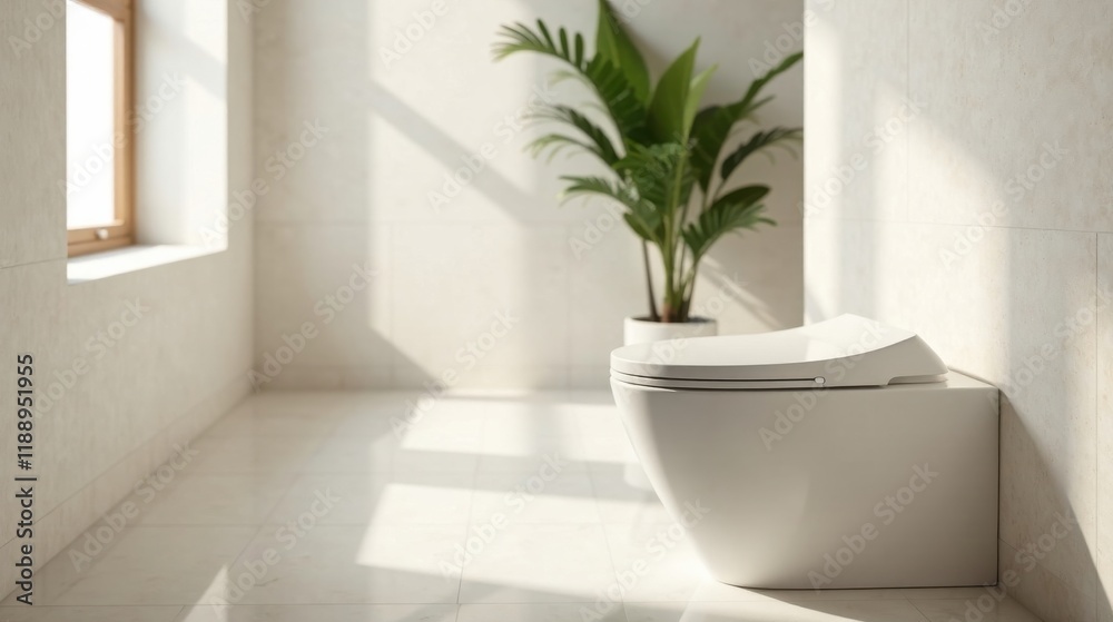 Fototapeta premium Modern Bathroom Design Featuring a Sleek, White Toilet in a Sunlit Space