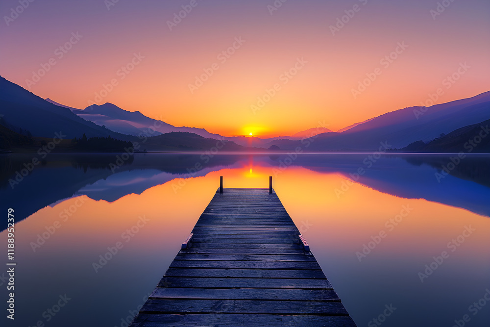 Tranquil Sunset Over a Serene Lake with Distant Mountain Silhouettes and Wooden Dock Tranquil Sunset Over a Serene Lake with Distant Mountain Silhouettes and Wooden Dock