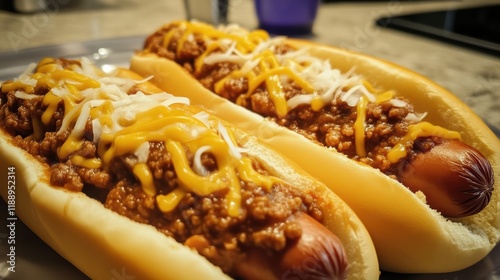 Mouthwatering chili cheese hot dogs topped with savory chili, melted cheese, and all the right toppings for a perfect meal. photo