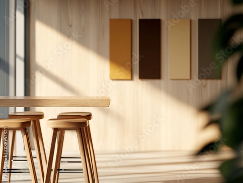 A Modern office space with wooden stools and color swatches on wall
