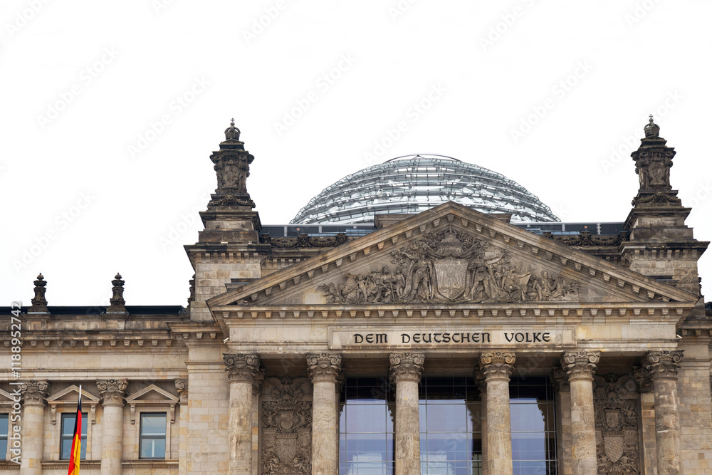 Obraz premium Front view of iconic Reichstag parliament building with glass dome in Berlin, Germany. Bundestag, with inscription Dem Deutschen Volke, symbolizing german unity and democracy. Copy space