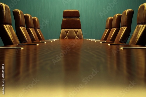 Elegant Conference Room with Dark Wooden Table and Modern Brown Leather Chairs, Featuring a Sole Executive Chair at the Head of the Table, Ideal for Business Meetings and Presentations