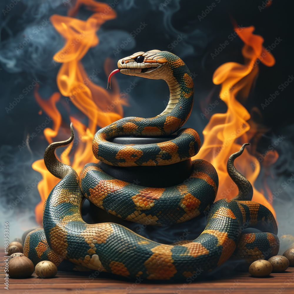 Naklejka premium Great Night of Lord Shiva Background, Serpent and damaru, symbolic objects like a coiled serpent and a damaru, small drum, ad, podium platform, product presentation space