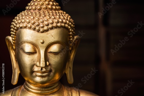 Wallpaper Mural golden buddha statue, serene expression, metallic sheen, close-up portrait, spiritual, zen, peaceful, ornate details, soft lighting, dark background, ancient wisdom, meditative, temple art, Asian cult Torontodigital.ca