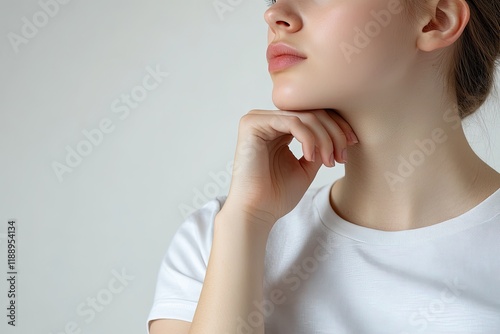 A woman, wearing a white T-shirt, is shown in a close-up side view of her upper body against a white background.