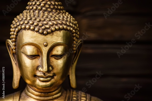 Wallpaper Mural golden buddha statue, serene expression, metallic sheen, close-up portrait, spiritual, zen, peaceful, ornate details, soft lighting, dark background, ancient wisdom, meditative, temple art, Asian cult Torontodigital.ca