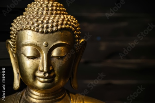 Wallpaper Mural golden buddha statue, serene expression, metallic sheen, close-up portrait, spiritual, zen, peaceful, ornate details, soft lighting, dark background, ancient wisdom, meditative, temple art, Asian cult Torontodigital.ca