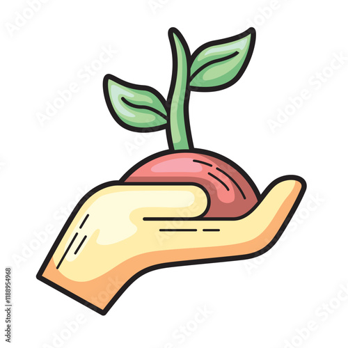 Ecology symbolizes life balance with a hand nurturing a sprouting plant. Suitable for environmental awareness campaigns, gardening topics, and sustainability projects