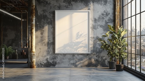 Modern industrial interior with empty frame and green plants