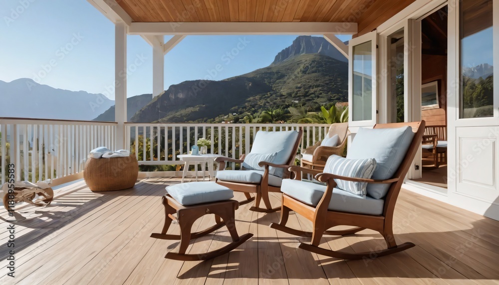 Fototapeta premium A classic rocking chair with soft cushions, on a wooden terrace with a view of the mountains or the beach.