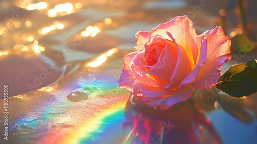 Close-up of a captivating pink rose with rainbow prism in a serene environment