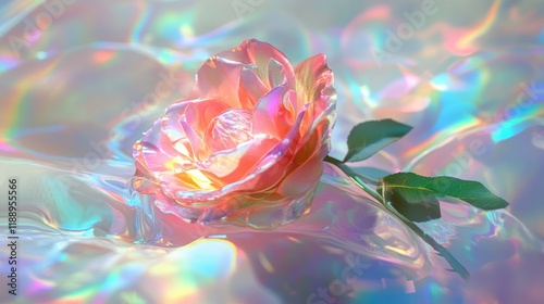 Captivating pink rose with rainbow prism effect on glass a colorful close-up