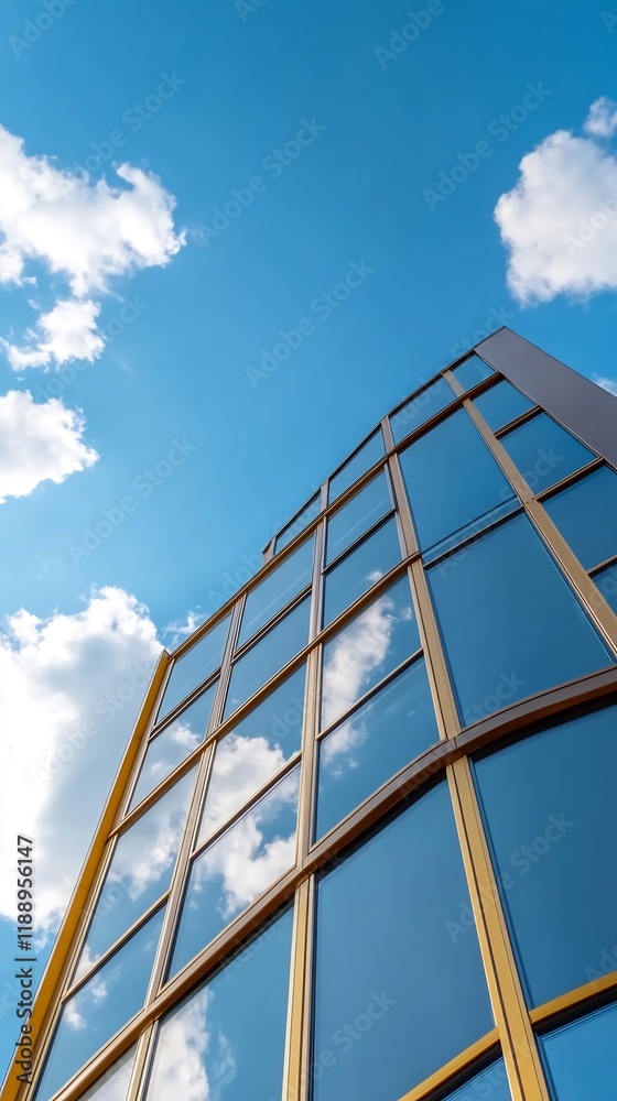 Modern building reflects vibrant blue sky clouds golden framed windows. AI Generated