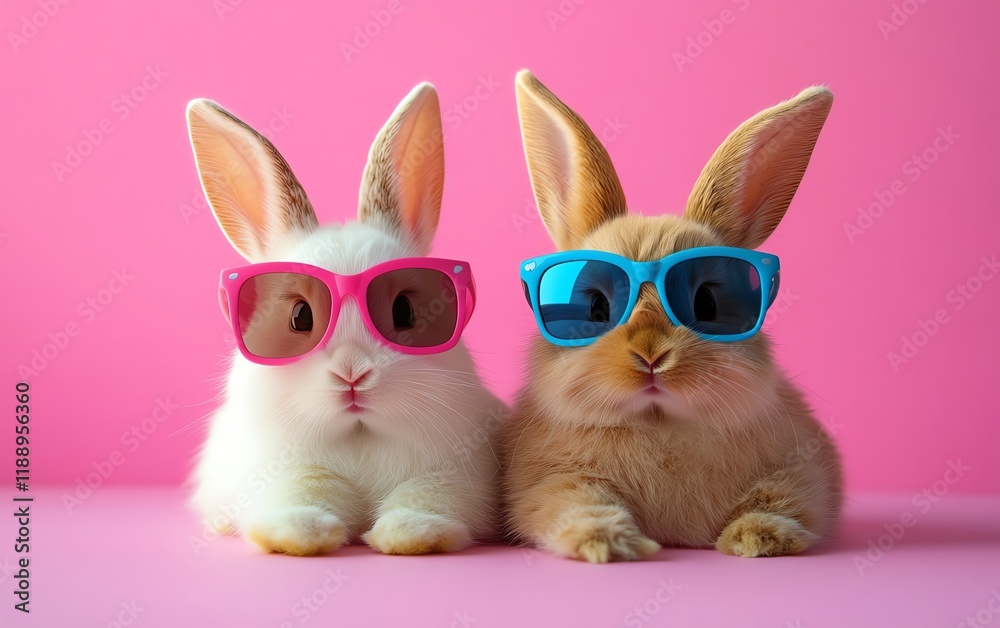 Fototapeta premium Funny and cute bunnies in colorful sunglasses, playful Easter pet theme, fun design with vibrant colors for a panoramic web banner