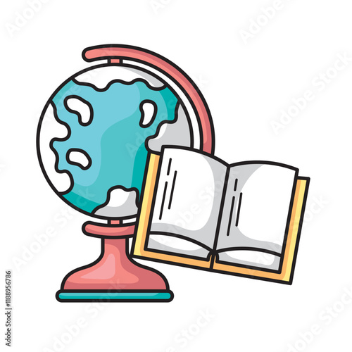 Learning education globe and open book sticker for global education themes, suitable for educational resources, school materials, and online courses