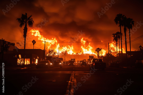 A night scene in Los Angeles, California, where wildfires are raging. A city on fire. The neighborhood is engulfed in flames, and the embers illuminate the thick smoke filling the sky.