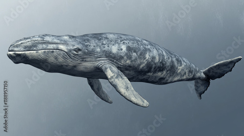 Gray whale (Eschrichtius robustus). Head of a gray whale close up. A whale in its natural habitat. Portrait of a whale in the water. Arctic marine animals. photo