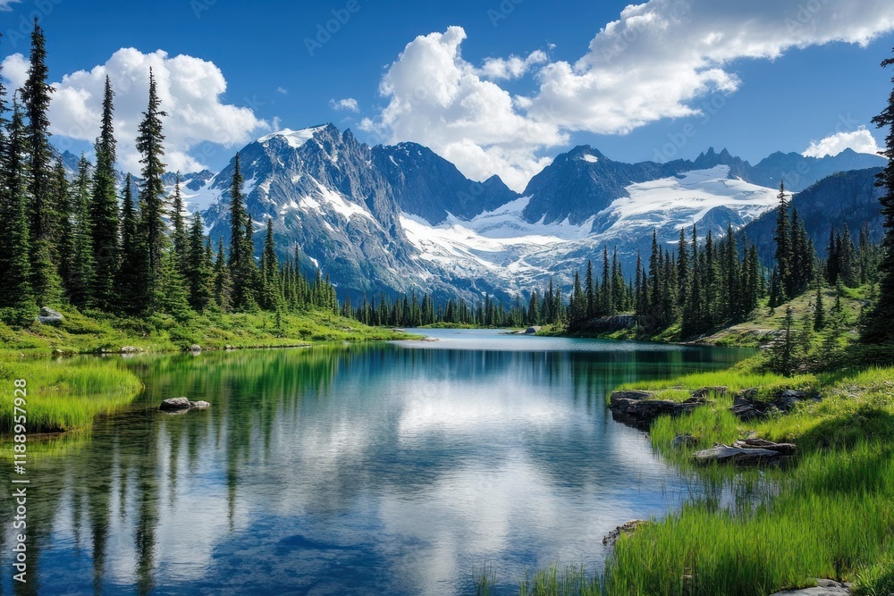 Serene mountain lake reflecting majestic snow capped peaks Serene mountain lake reflecting majestic snow capped peaks