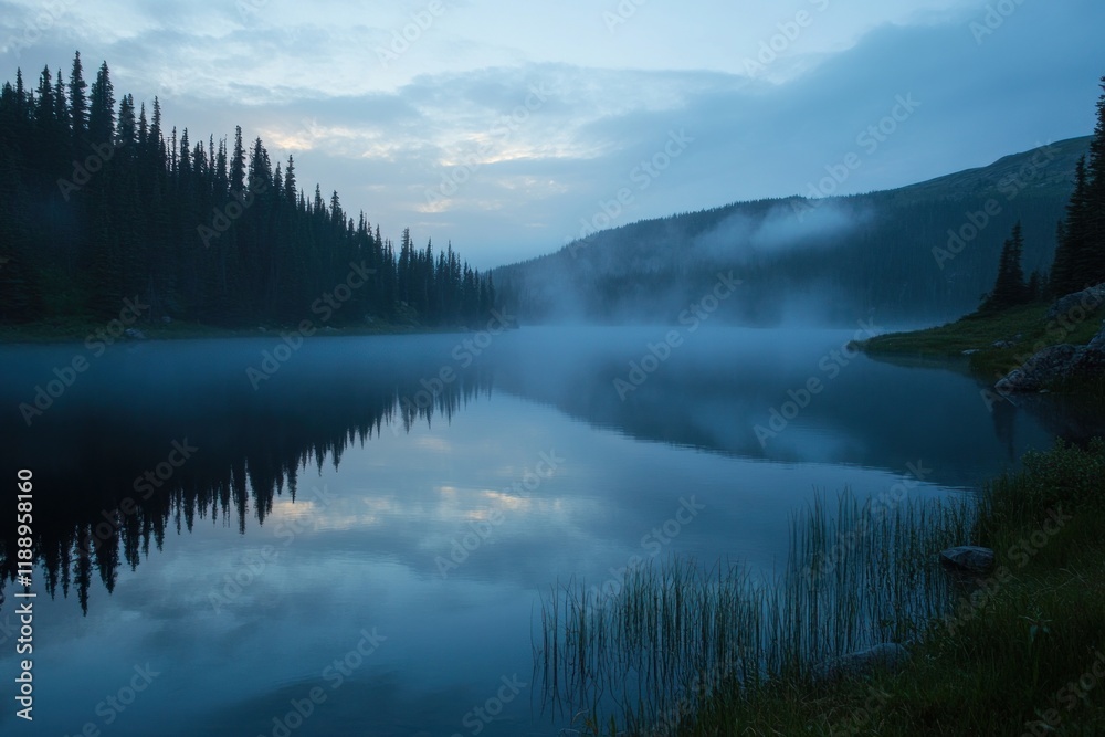 Serene Mountain Lake Mist Shrouds Trees at Dusk Serene Mountain Lake Mist Shrouds Trees at Dusk