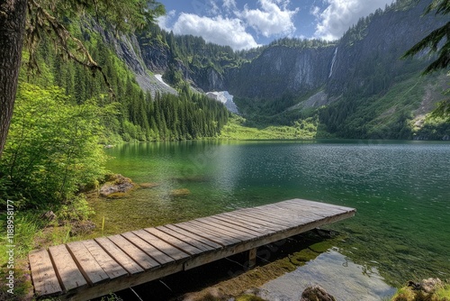 A wooden dock juts into the calm waters of Lake Serene. The scene depicts a biology photography, nature scene, forest background, lake with clear water, mountain landscape, cloudy sky,
