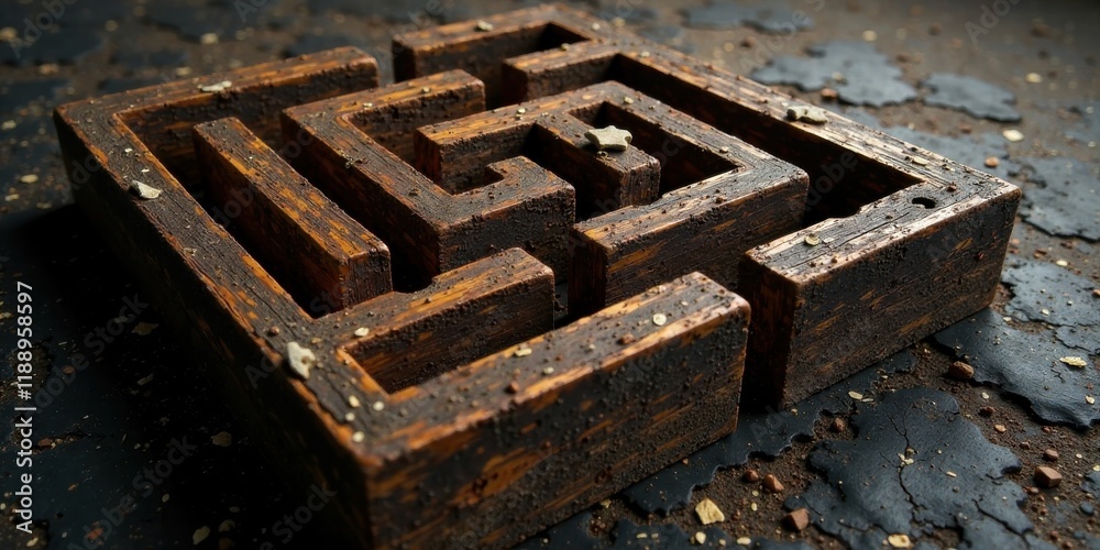 Intricate Wooden Labyrinth Puzzle with Scattered Decorative Elements on a Dark Textured Surface Intricate Wooden Labyrinth Puzzle with Scattered Decorative Elements on a Dark Textured Surface