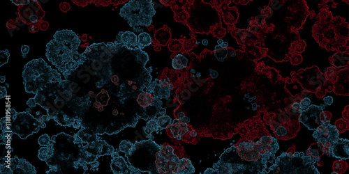 Microscopic fractal cell art style design. Blue and red cell fractal design in dark background. Bacteria like texture pattern design biological microscopic art style design. Malicious virus cell art.