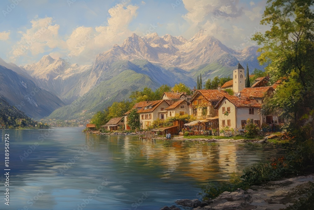 Fototapeta premium Lakeside Village Nestled Among Majestic Mountains