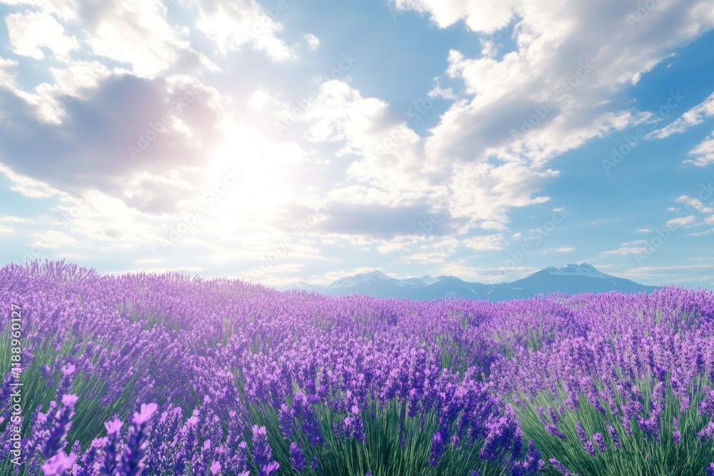 Naklejka premium Lavender Field Under a Sunny Sky with Mountains in the Distance
