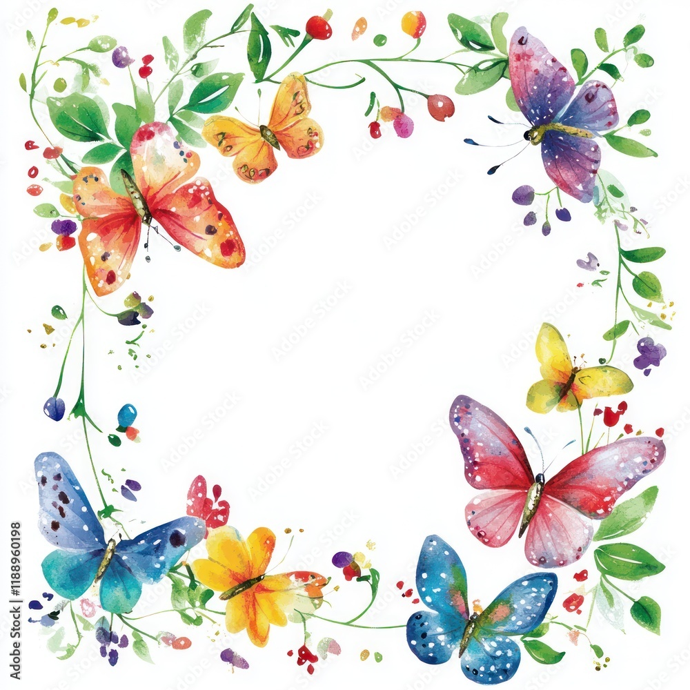 Fototapeta premium Colorful butterflies and flowers frame, spring design, floral border, decorative graphic