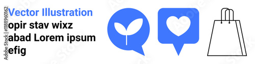 Plant in speech bubble, heart in speech bubble, shopping bag outline, sample text. Ideal for eco-friendly branding, charity campaigns, online stores, environmental awareness, digital marketing