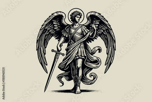 Vintage black and white engraving of Archangel Michael with a sword