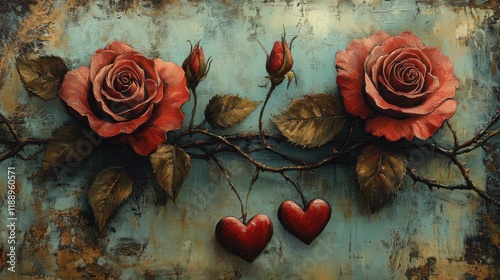 Romantic vintage roses with hanging hearts on textured artistic background