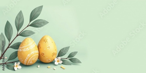 Pastel Yellow Easter Eggs Decorated with Floral Designs and Spring Branches on a Light Green Background