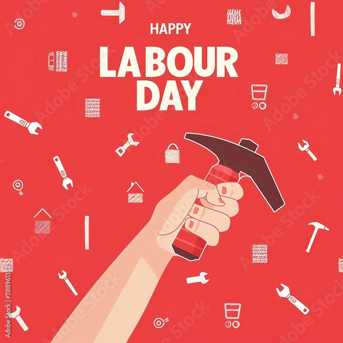 Labour Day Symbol of Worker’s Hand Holding Hammer and Tools on Red photo