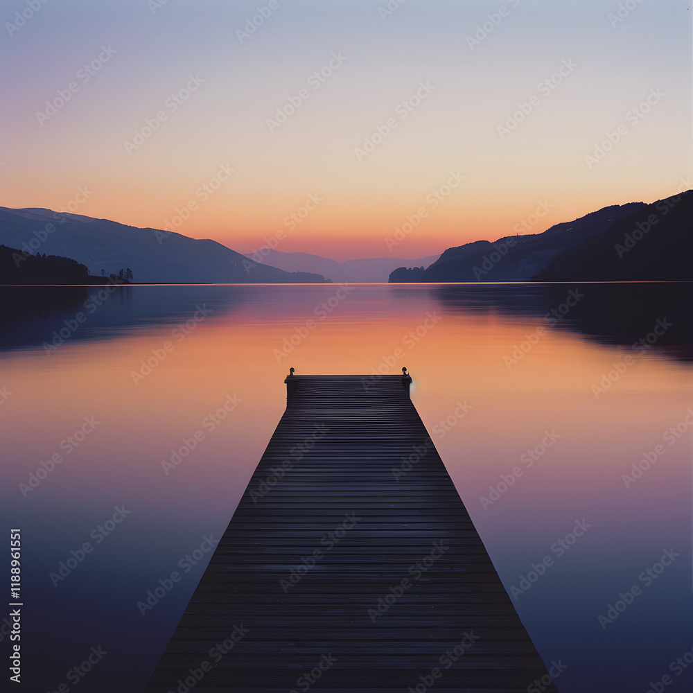 Fototapeta premium Tranquil Sunset Over a Serene Lake with Distant Mountain Silhouettes and Wooden Dock