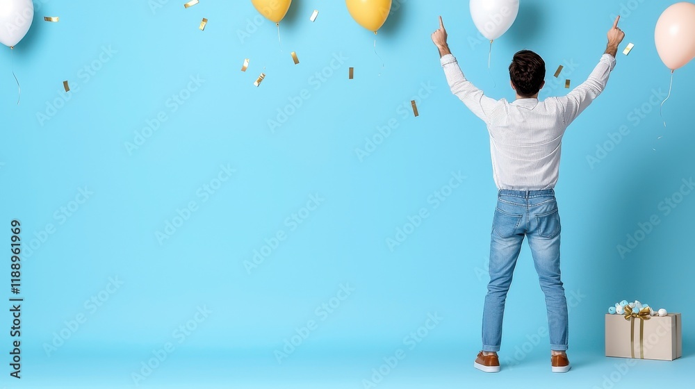 Fototapeta premium Happy Celebrant with Balloons and Confetti Against Blue Background