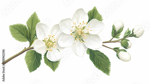 Single pristine hawthorn flower, stark white, spring ambiance , hawthorn bloom, petal. Thornpath. Illustration