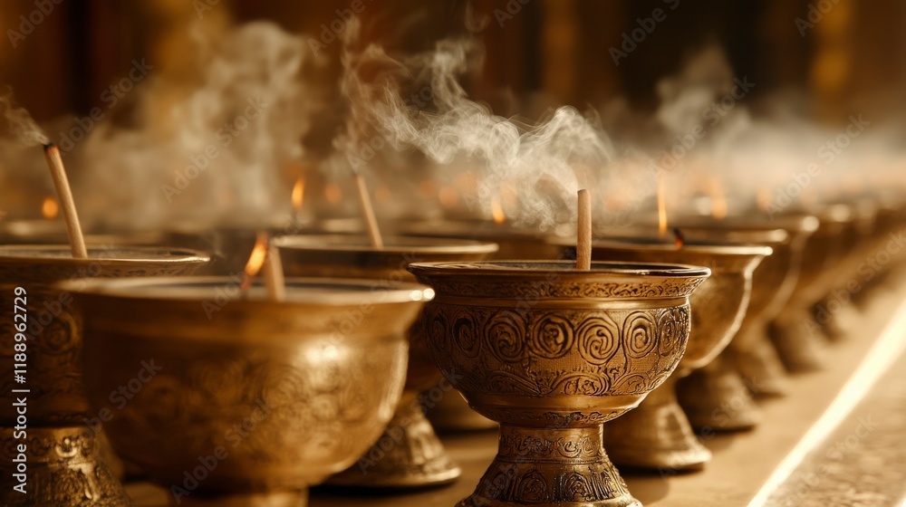 Incense Sticks Burning in Ornate Bronze Bowls Creating Mystical Smoke in a Peaceful Temple Setting with Warm Lighting and Rich Textures for Spiritual Atmosphere Incense Sticks Burning in Ornate Bronze Bowls Creating Mystical Smoke in a Peaceful Temple Setting with Warm Lighting and Rich Textures for Spiritual Atmosphere