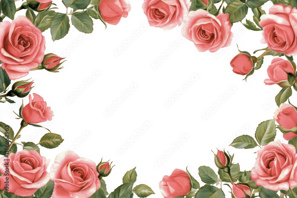 A white background surrounded by watercolor pink roses with empty space for text, logo, and own design placement A white background surrounded by watercolor pink roses with empty space for text, logo, and own design placement