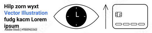 Eye with clock icon, upward arrow, and credit card. Ideal for finance, technology, time management, growth, online transactions vector graphics abstract art. Landing page