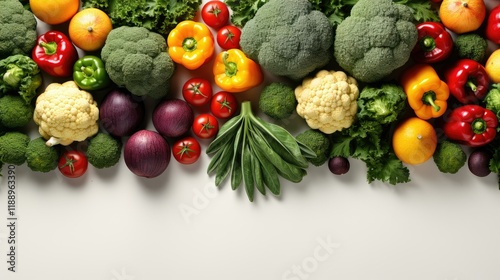 Fresh and colorful array of vegetables and fruits arranged on a white background creating a vibrant display