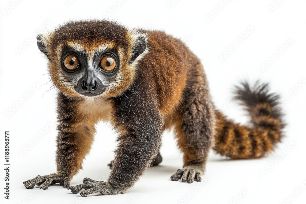 A curious lemur with large eyes and a bushy tail, showcasing its unique fur and playful stance against a white background.