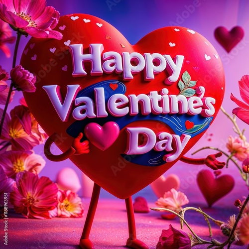 Ilustración festiva de San Valentín con un gran corazón rojo animado, sosteniendo un corazón rosa y rodeado de flores y corazones, con texto Happy Valentine's Day