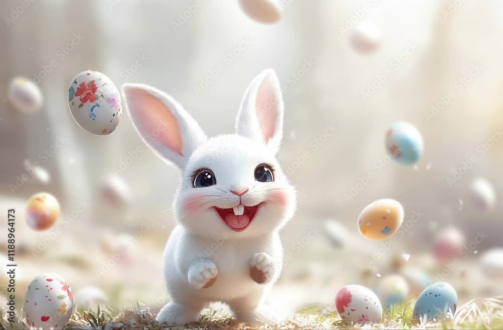 Cute Easter Bunny happy jumping surround with easter eggs Cute Easter Bunny happy jumping surround with easter eggs