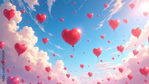 Cielo romántico con globos rojos en forma de corazón flotando entre nubes esponjosas