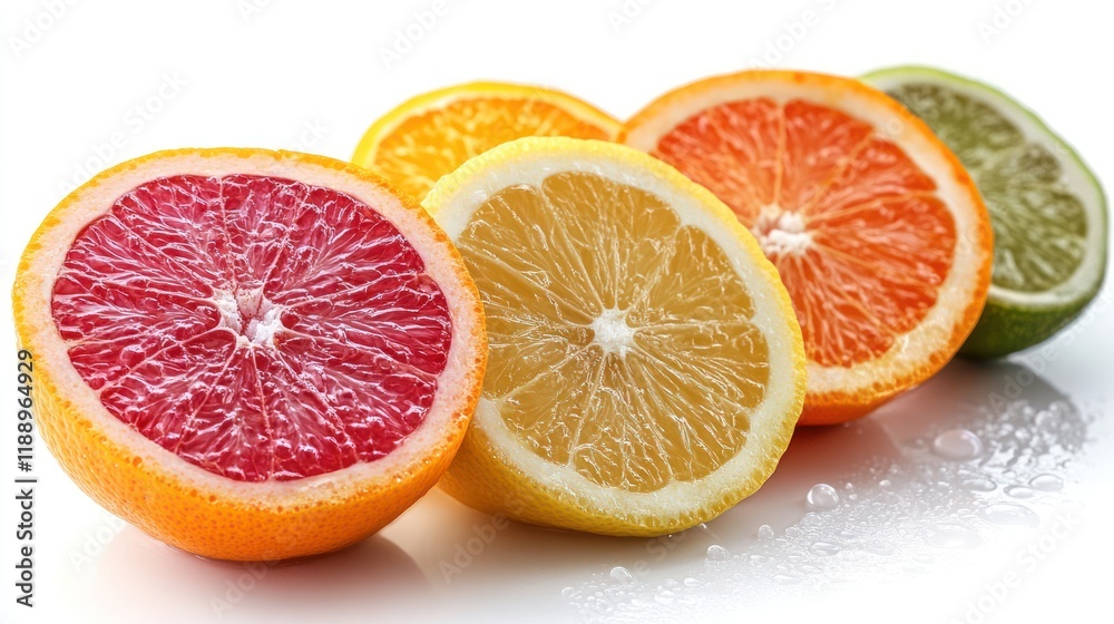 Halved citrus fruits grapefruit, orange, lemon, lime, arranged in a row on white background. Halved citrus fruits grapefruit, orange, lemon, lime, arranged in a row on white background.