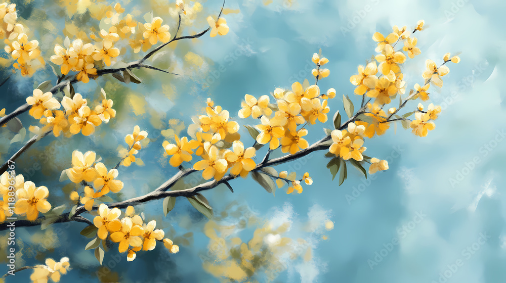 Vibrant yellow flowers of blooming hawthorn trees sway gently in the spring breeze against a soft, serene blue. Thornpath. Illustration Vibrant yellow flowers of blooming hawthorn trees sway gently in the spring breeze against a soft, serene blue. Thornpath. Illustration